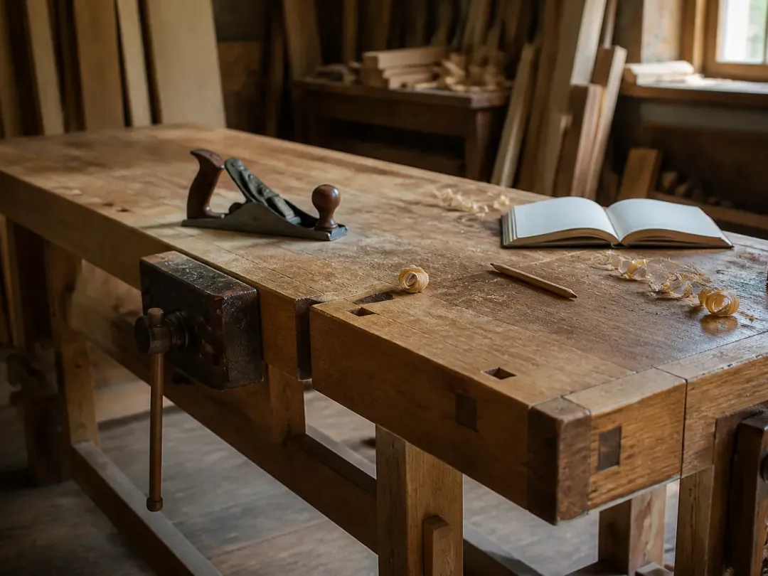 Établi de menuisier en bois massif avec un rabot, des copeaux et un carnet ouvert