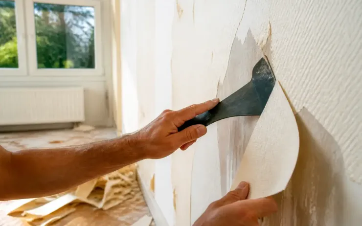 Homme utilisant un grattoir pour décoller du papier peint dans une pièce lumineuse