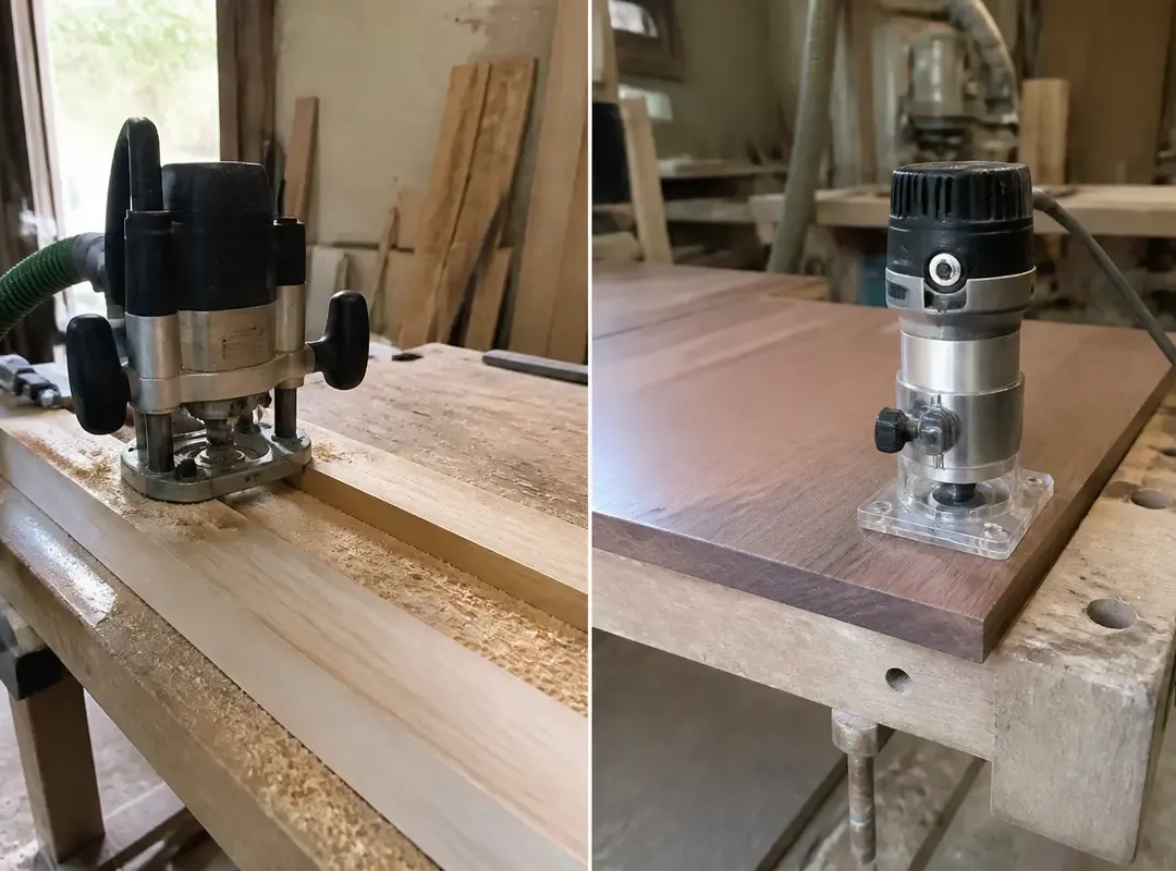 Défonceuse et affleureuse sur plans de travail en bois dans un atelier de menuiserie