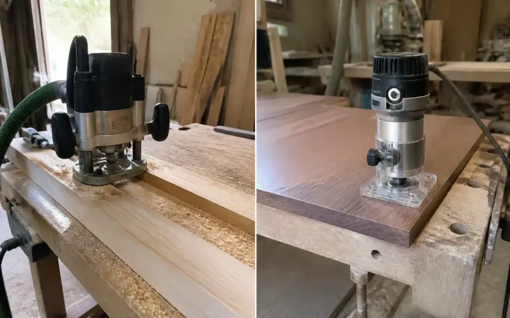 Défonceuse et affleureuse sur plans de travail en bois dans un atelier de menuiserie