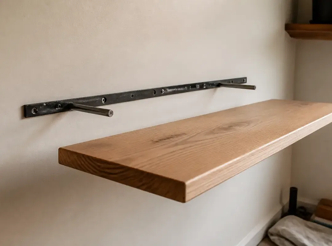 Étagère en bois flottant fixée au mur avec fixation étagère invisible intégrée.