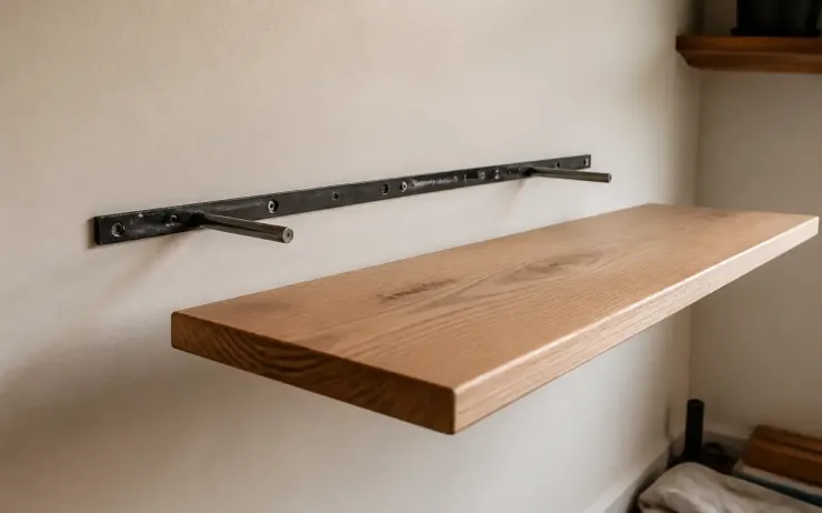 Étagère en bois flottant fixée au mur avec fixation étagère invisible intégrée.