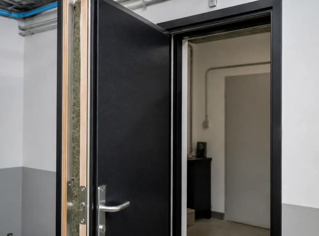 Porte ouverte avec matériaux pour isolation phonique visible dans un couloir industriel