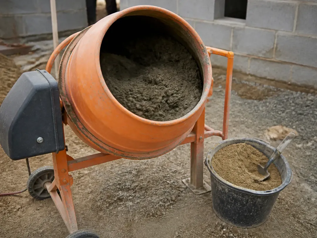 Bétonnière orange en rotation, mortier gris dans la cuve, seau de sable et pelle posés à côté sur un chantier
