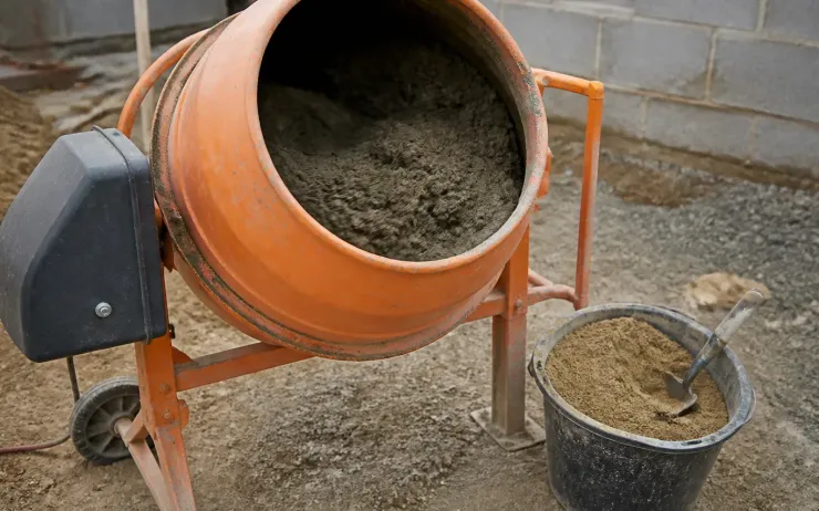 Bétonnière orange en rotation, mortier gris dans la cuve, seau de sable et pelle posés à côté sur un chantier