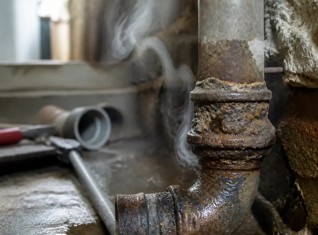 Vieille canalisation rouillée avec vapeur, source potentielle d'odeur de canalisation désagréable.