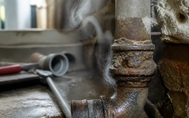 Vieille canalisation rouillée avec vapeur, source potentielle d'odeur de canalisation désagréable.