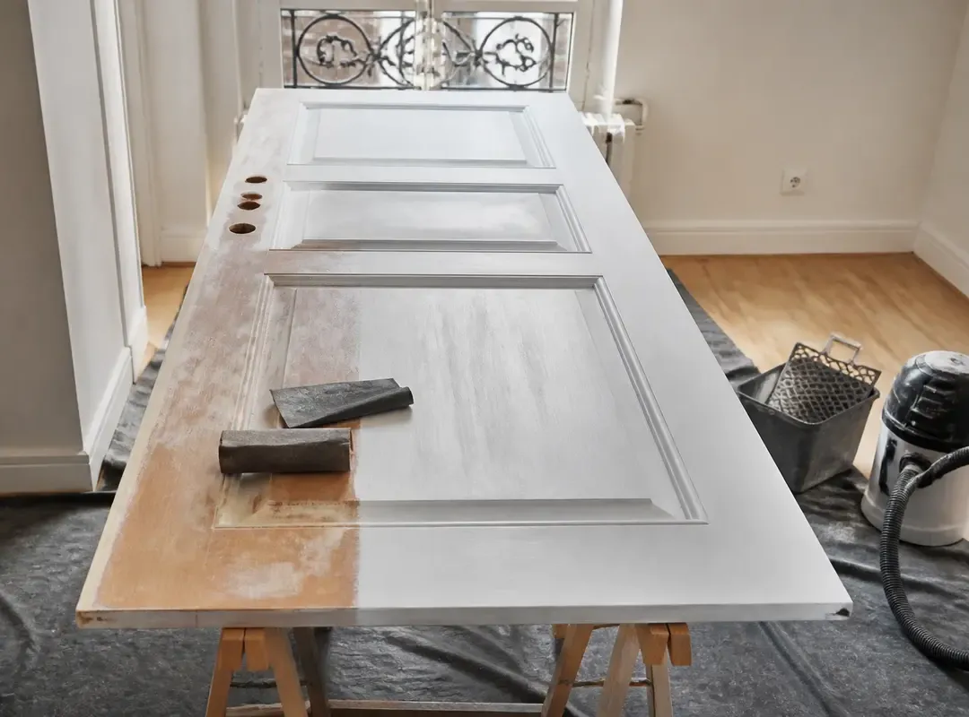 Porte intérieure préparée pour peindre avec matériaux de ponçage et peinture blanche.