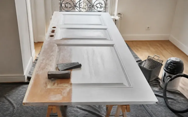 Porte intérieure préparée pour peindre avec matériaux de ponçage et peinture blanche.