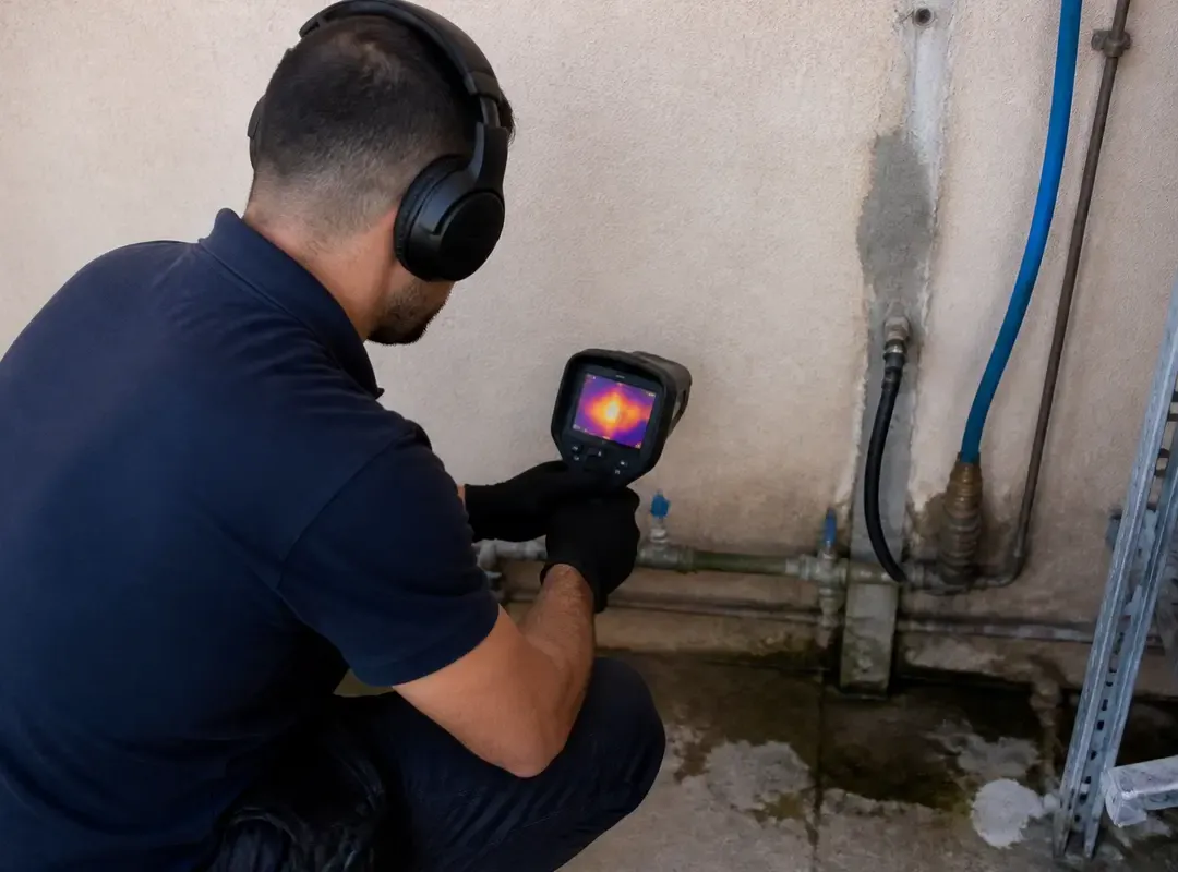 Technicien utilisant caméra thermique pour recherche de fuite dans un mur humide