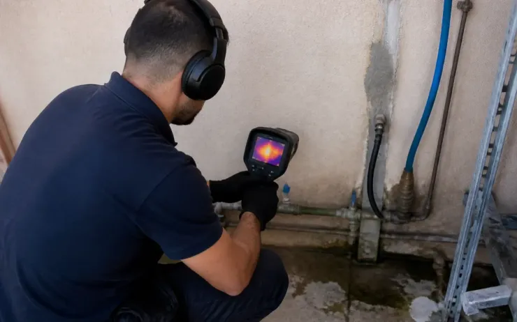 Technicien utilisant caméra thermique pour recherche de fuite dans un mur humide